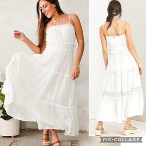 HYFVE White Ruffle crochet Trim Tiered Boho sleeveless Maxi Dress large